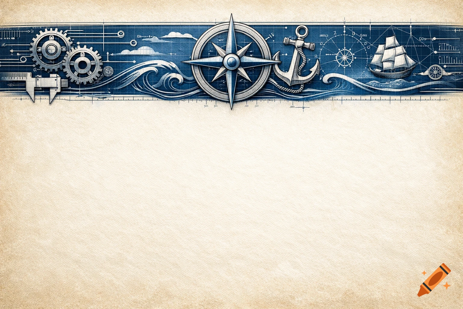 Decorative border with engineering symbols, compass, anchor, and sailboat on a blue blueprint background over textured paper.