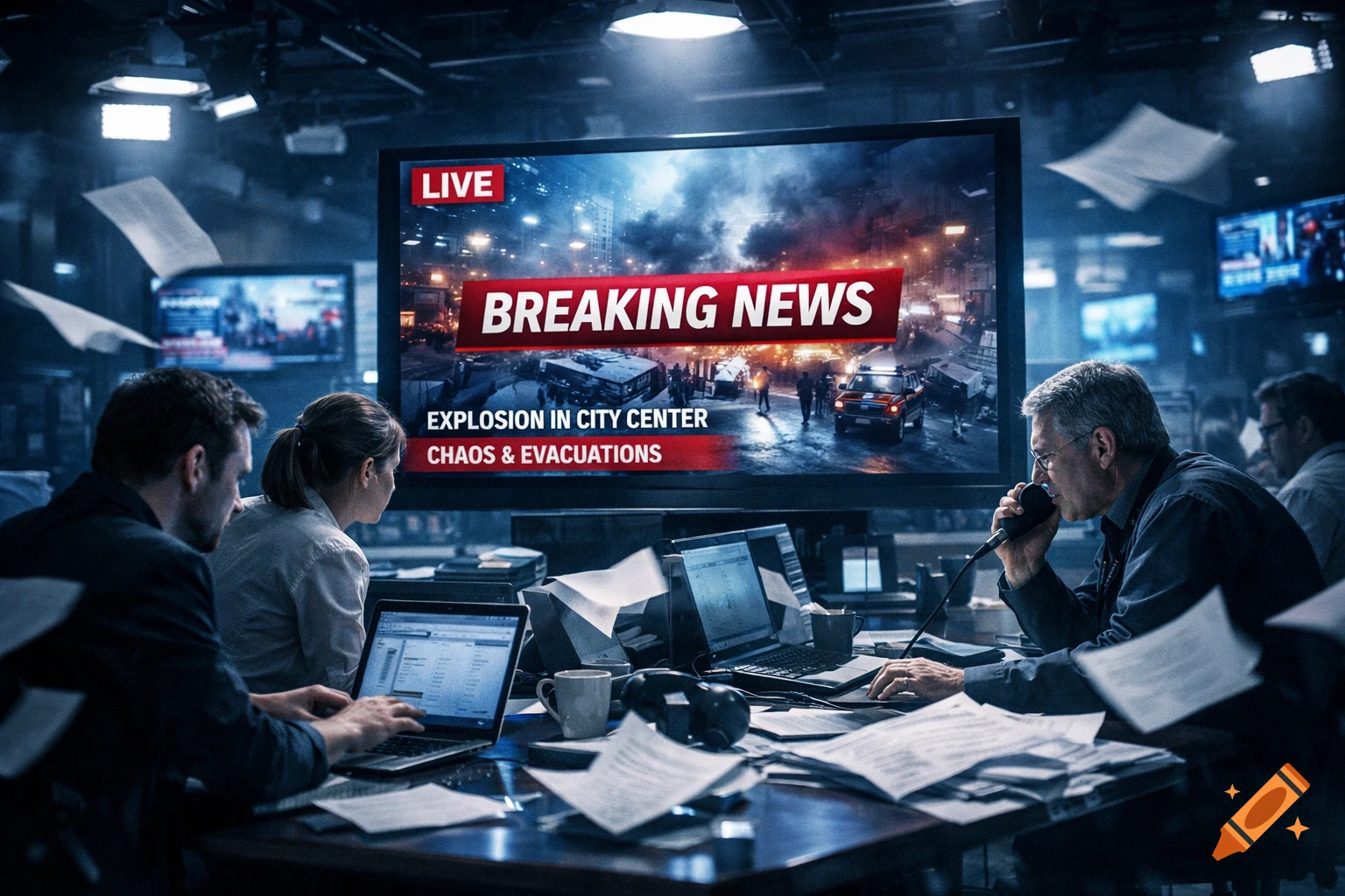 Reporters in a dark newsroom watch a large screen displaying 'BREAKING NEWS: EXPLOSION IN CITY CENTER' with a chaotic urban scene.