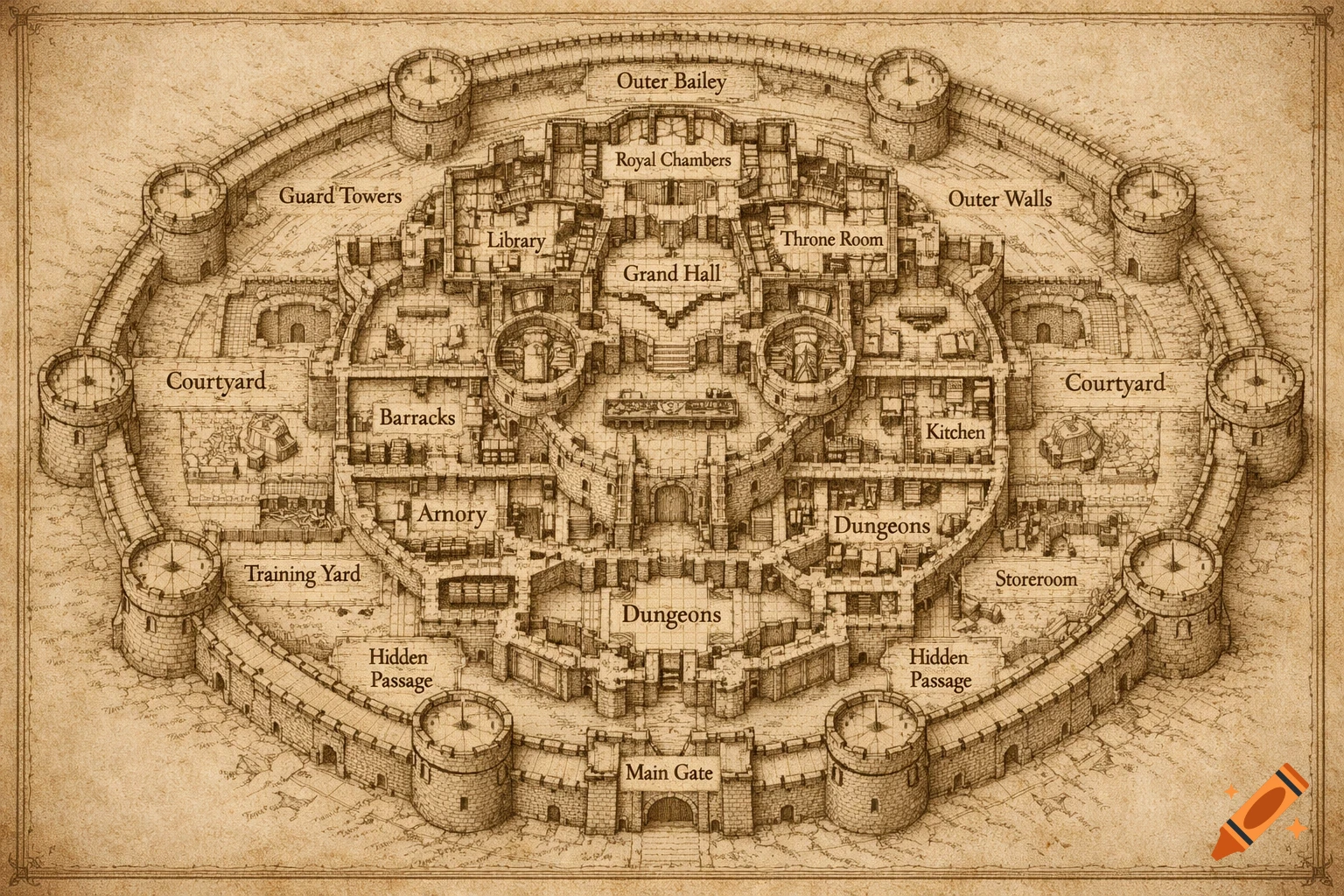 Detailed isometric fantasy castle floor plan with labeled rooms like Grand Hall, Library, and Dungeons.