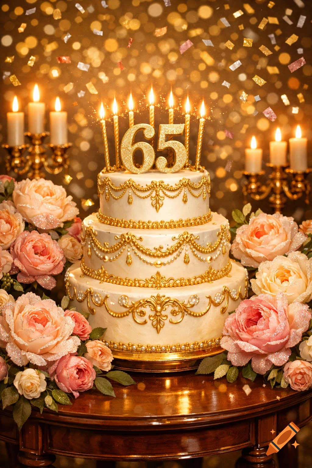 A beautiful three-tier birthday cake with gold decorations, a glittery '65', and lit candles, surrounded by pink and white roses against a sparkling golden background.
