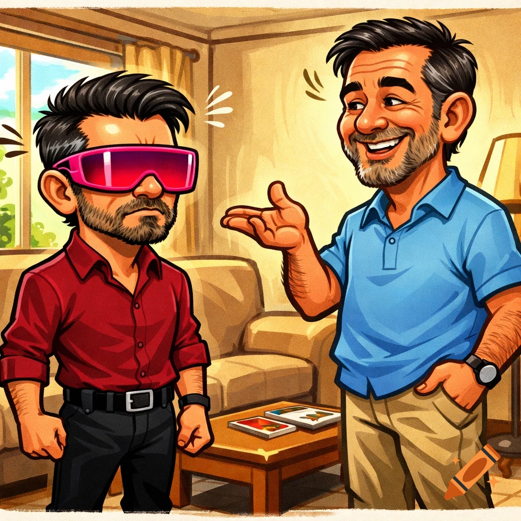 A cartoon of a smiling man talking to another man wearing pink futuristic glasses in a living room.