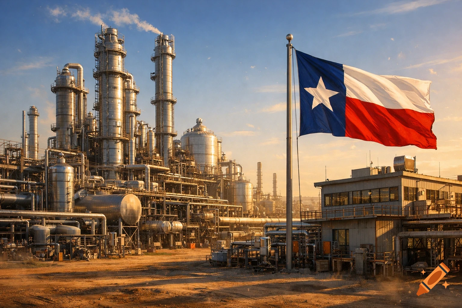 Photorealistic image of a large industrial gas fractionation plant under a clear sky, with a Texas flag flying prominently in the foreground.