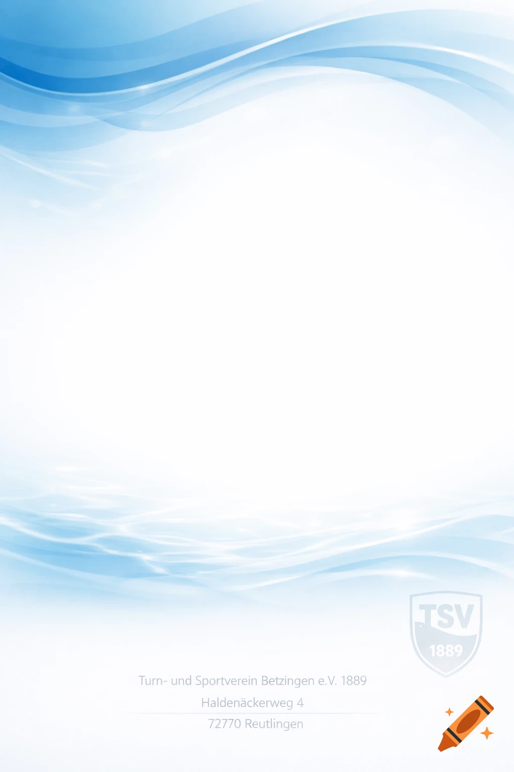 Abstract background template for a certificate with blue wavy shapes suggesting water, and faded text for "TSV Betzingen" and its address.