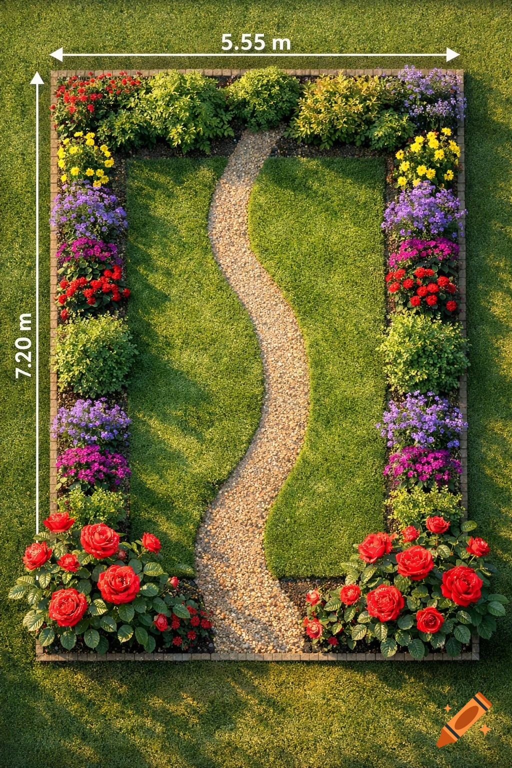 Aerial view of a manicured rectangular garden with a winding gravel path, colorful flowerbeds, and dimensions 5.55m by 7.20m.