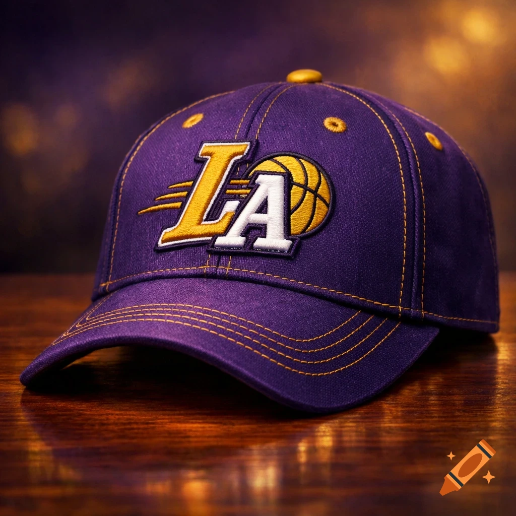 A close-up shot of a purple baseball cap with the yellow and white 'LA' Lakers logo featuring a basketball.