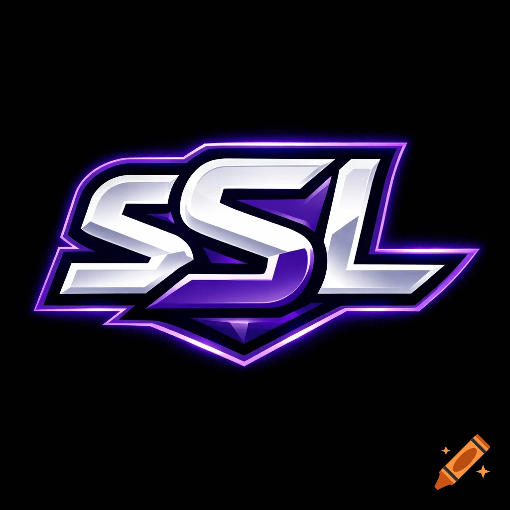 A stylized esports logo for "SSL" with white and purple letters, outlined in glowing neon purple, on a black background.