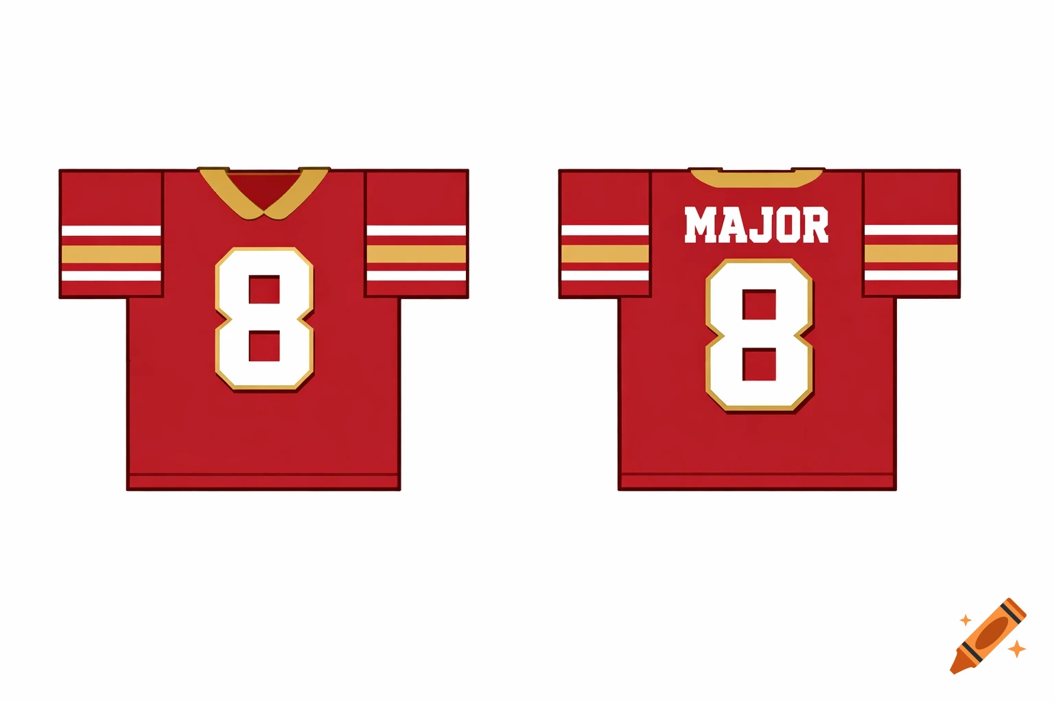Red and gold football jersey with number 8 on the front and back, and 'MAJOR' text on the back, in a simple 2D style.