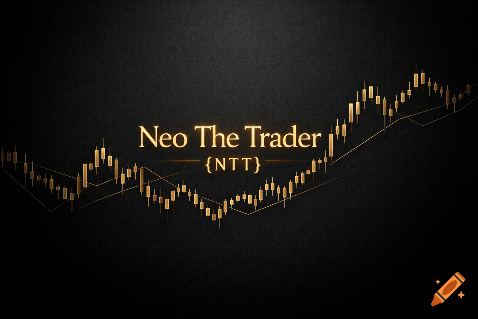 Minimalist luxury trading wallpaper with glowing gold text "Neo The Trader {NTT}" and gold candlestick charts on a matte black background.