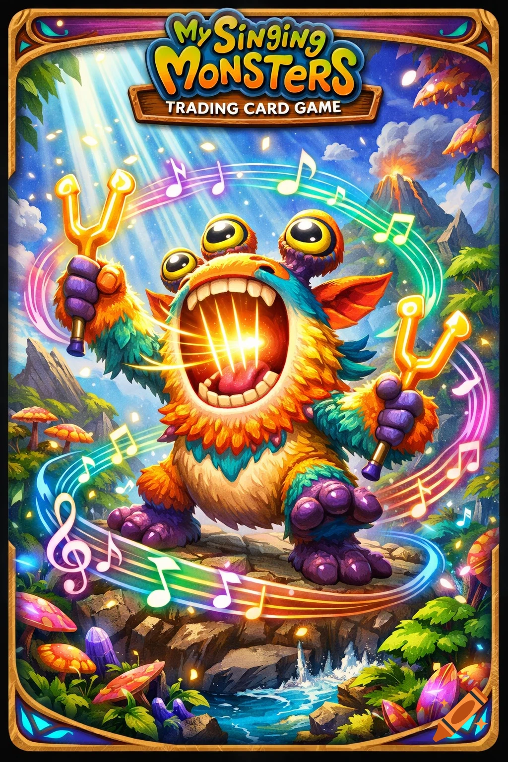 A vibrant trading card featuring a furry, multi-eyed monster with an open mouth glowing with light, holding golden tuning forks amidst a magical landscape with musical notes.