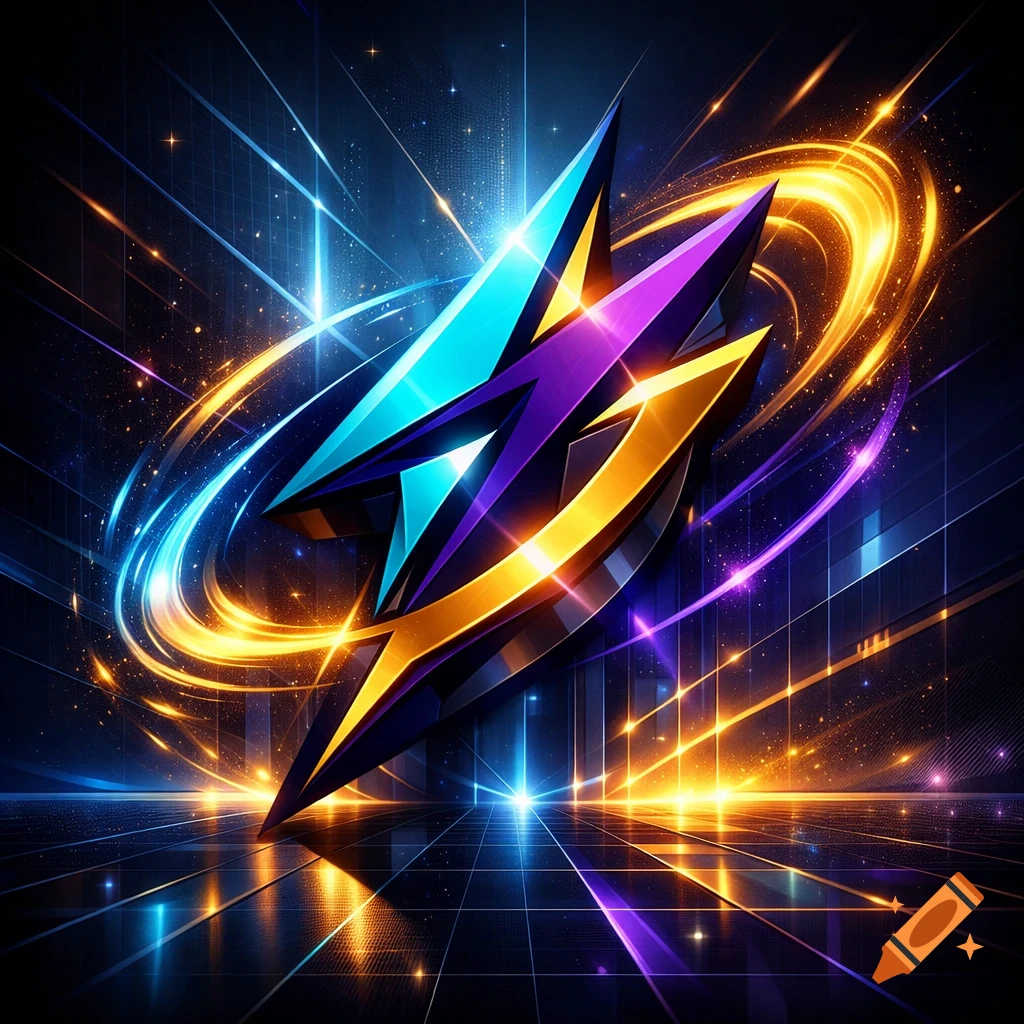 Vibrant abstract logo with blue, purple, and gold sharp angles, glowing light trails, and a reflective grid floor.