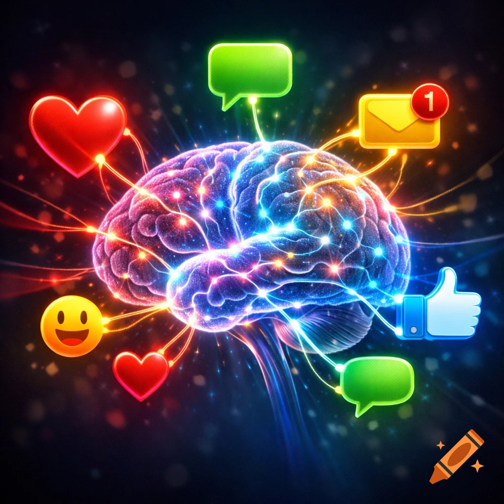 Vibrant illustration of a glowing human brain connected by luminous lines to social media icons like hearts, chat bubbles, and a thumbs up.