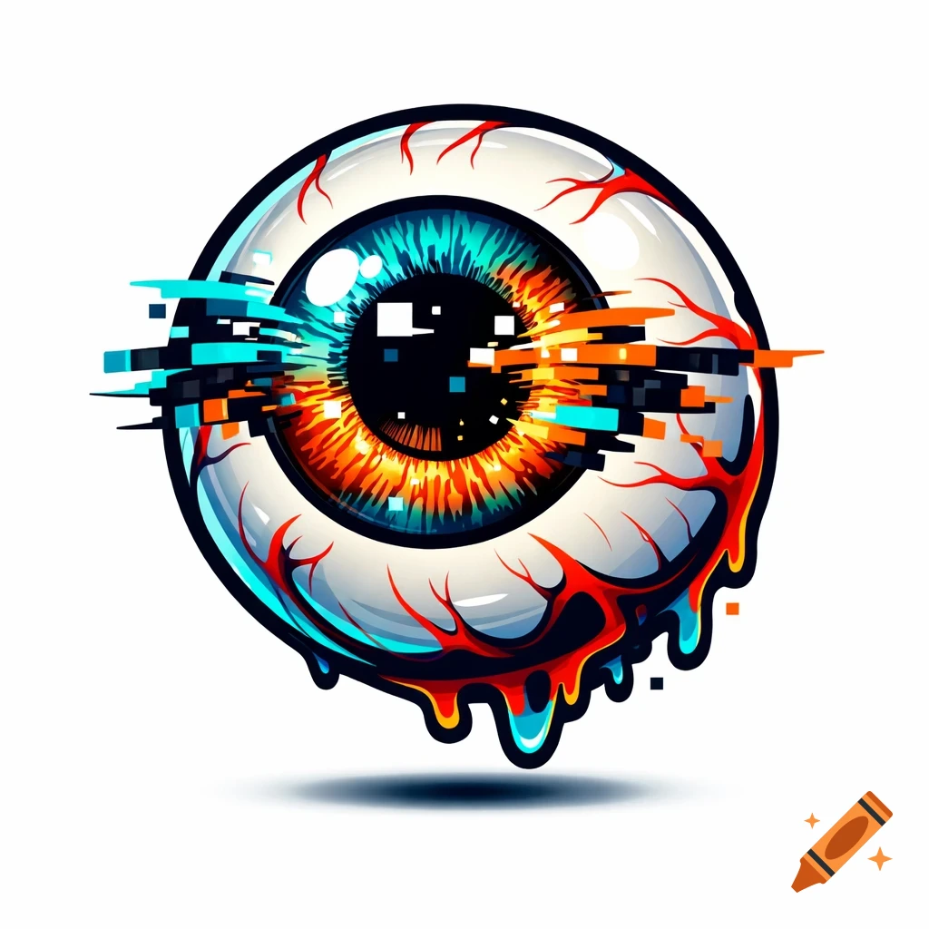 A vibrant, cartoonish eyeball with teal and orange glitch effects, dripping red, in a logo style against a white background.