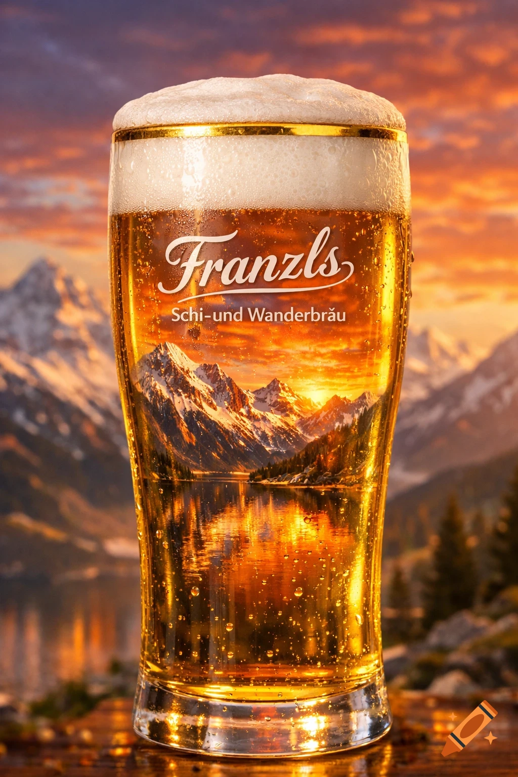 A glass of 'Franzls Schi- und Wanderbräu' beer with a golden rim, reflecting a snowy mountain landscape at sunset.