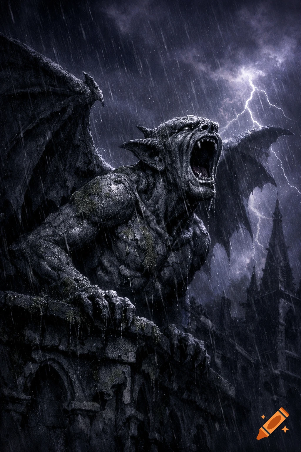 A dark, dramatic winged gargoyle on a gothic building in a rainstorm with lightning.