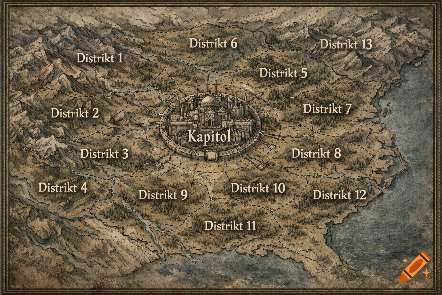 Detailed, illustrated fantasy map in a dystopian style, showing the central Kapitol surrounded by 13 districts, with mountains, forests, rivers, and a coast.