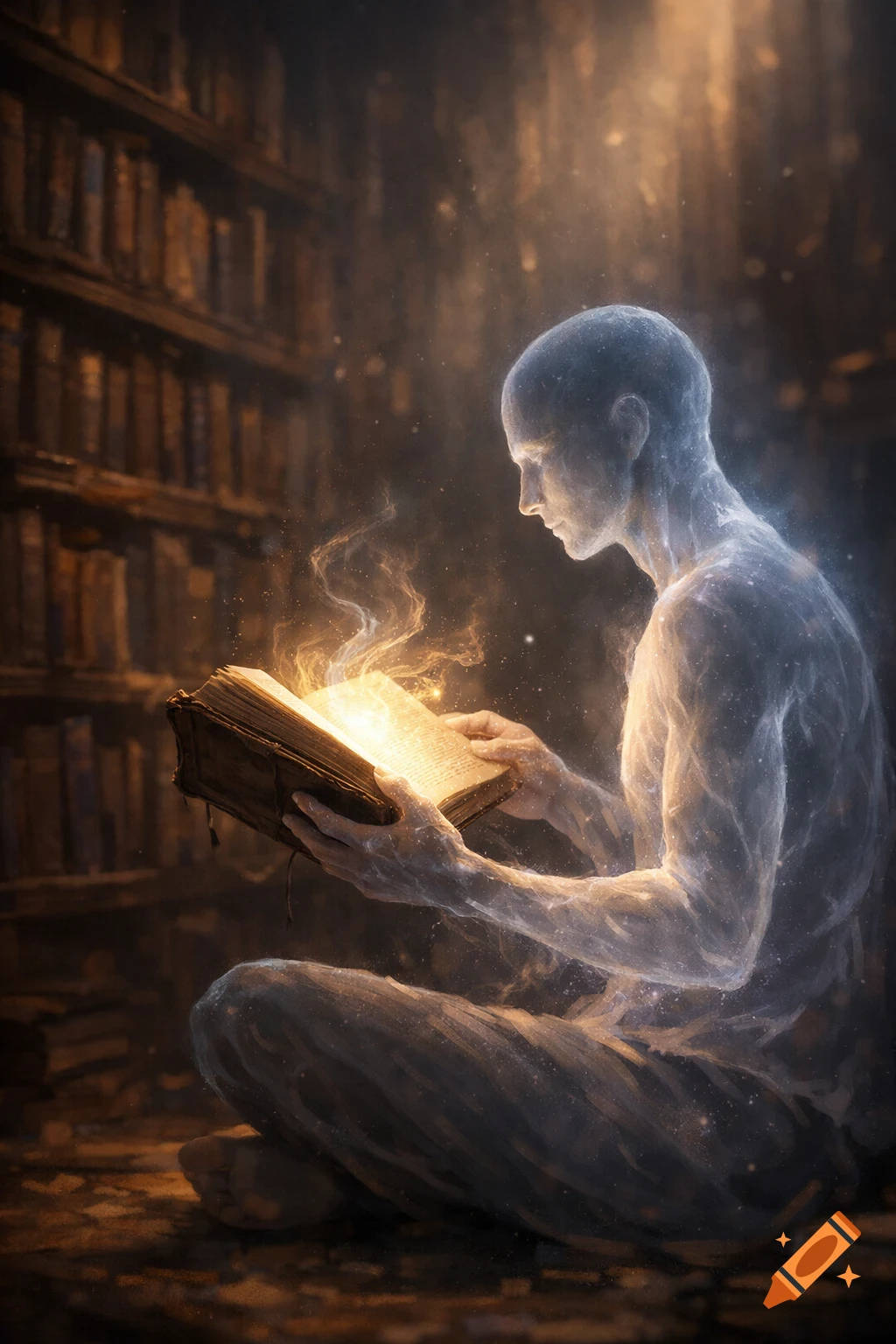 A spectral, glowing figure sits cross-legged in a dimly lit library, engrossed in a luminous open book.