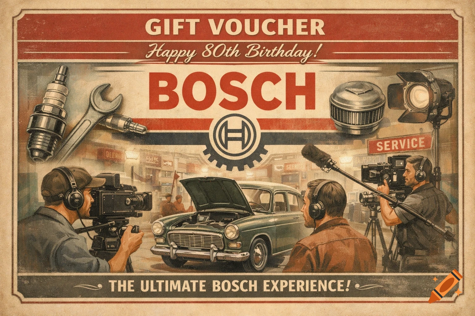 A vintage-style Bosch gift voucher for an 80th birthday, showing a 1960s car workshop scene with a car, tools, and a camera crew.
