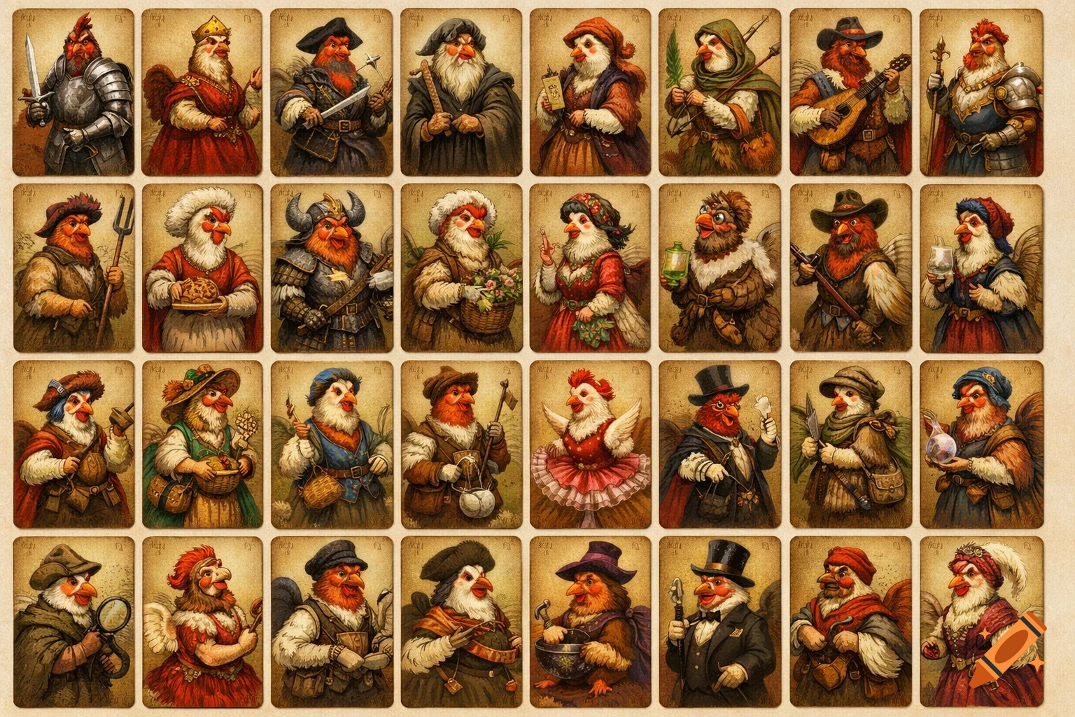 32 fantasy-style illustrations of anthropomorphic chickens in various costumes, arranged like a deck of game cards.