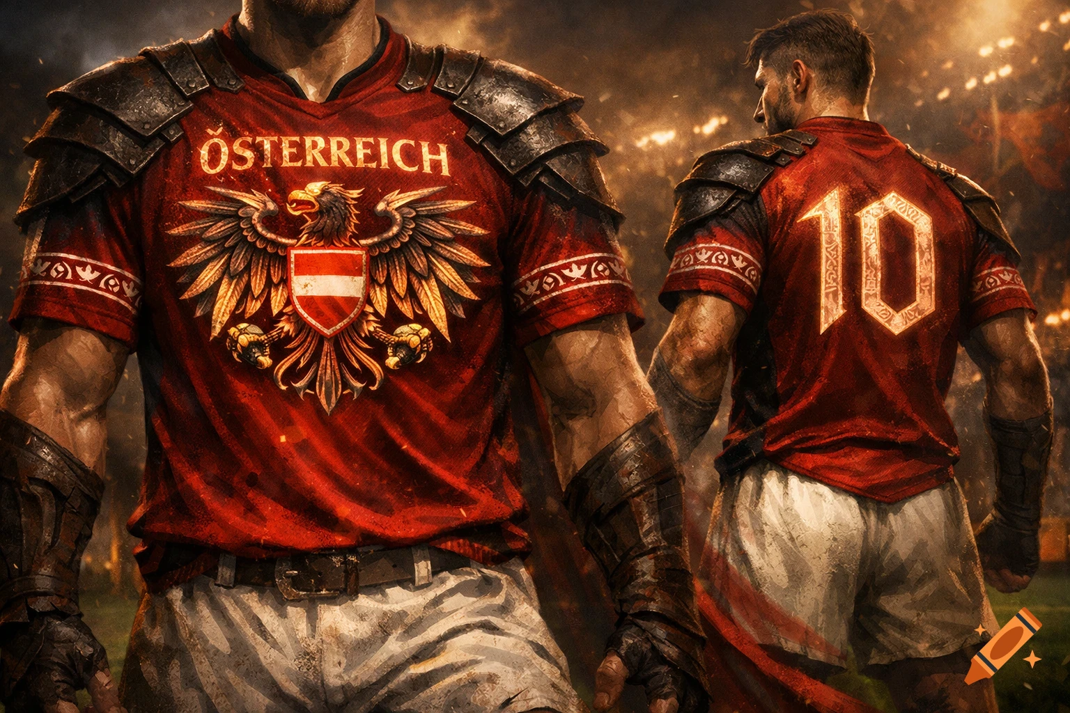 Two fantasy-style soccer players in red Austrian jerseys with armor; one with 'ÖSTERREICH' and an eagle, the other with '10'.