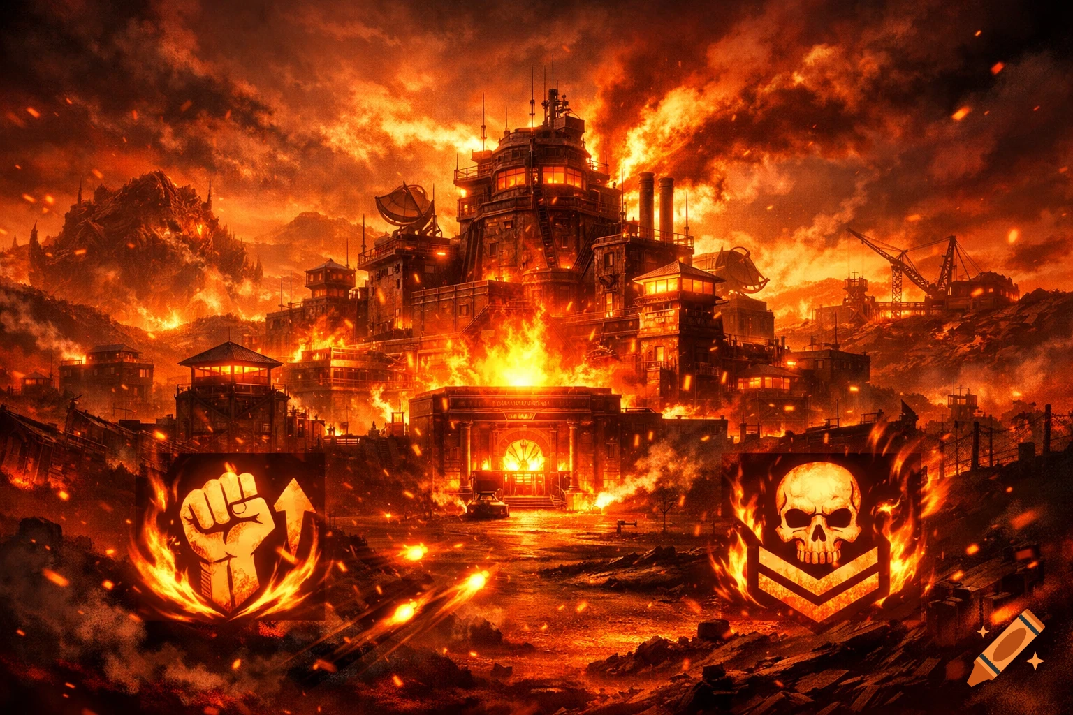A futuristic city engulfed in fiery destruction under a smoke-filled, orange sky, with symbols of a flaming fist and a skull.
