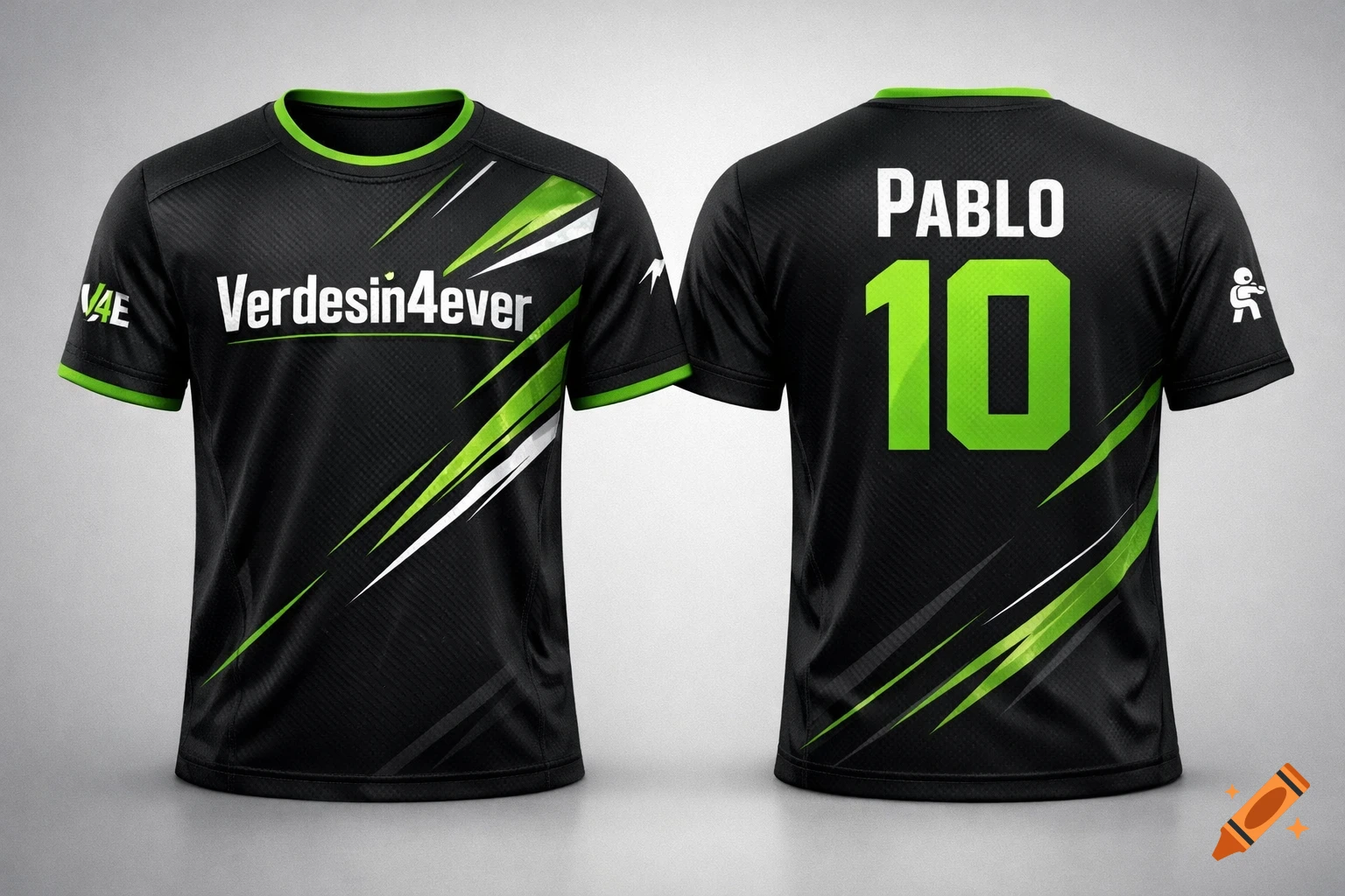 Front and back view of a black and green esports jersey with 'Verdesin4ever' and 'Pablo 10' text.