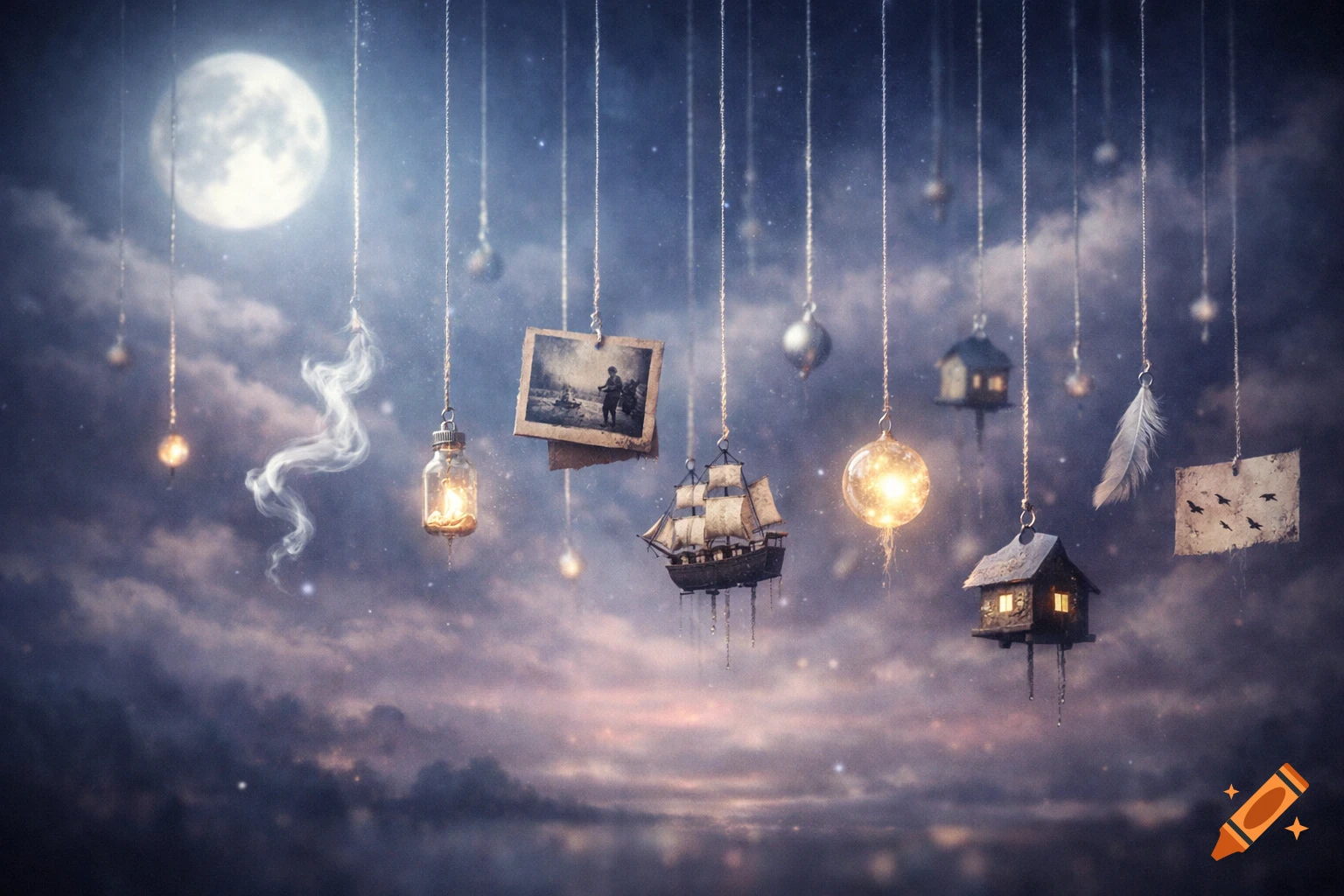 A full moon illuminates a cloudy night sky, with various objects like a ship, birdhouses, lanterns, and photos suspended by strings.