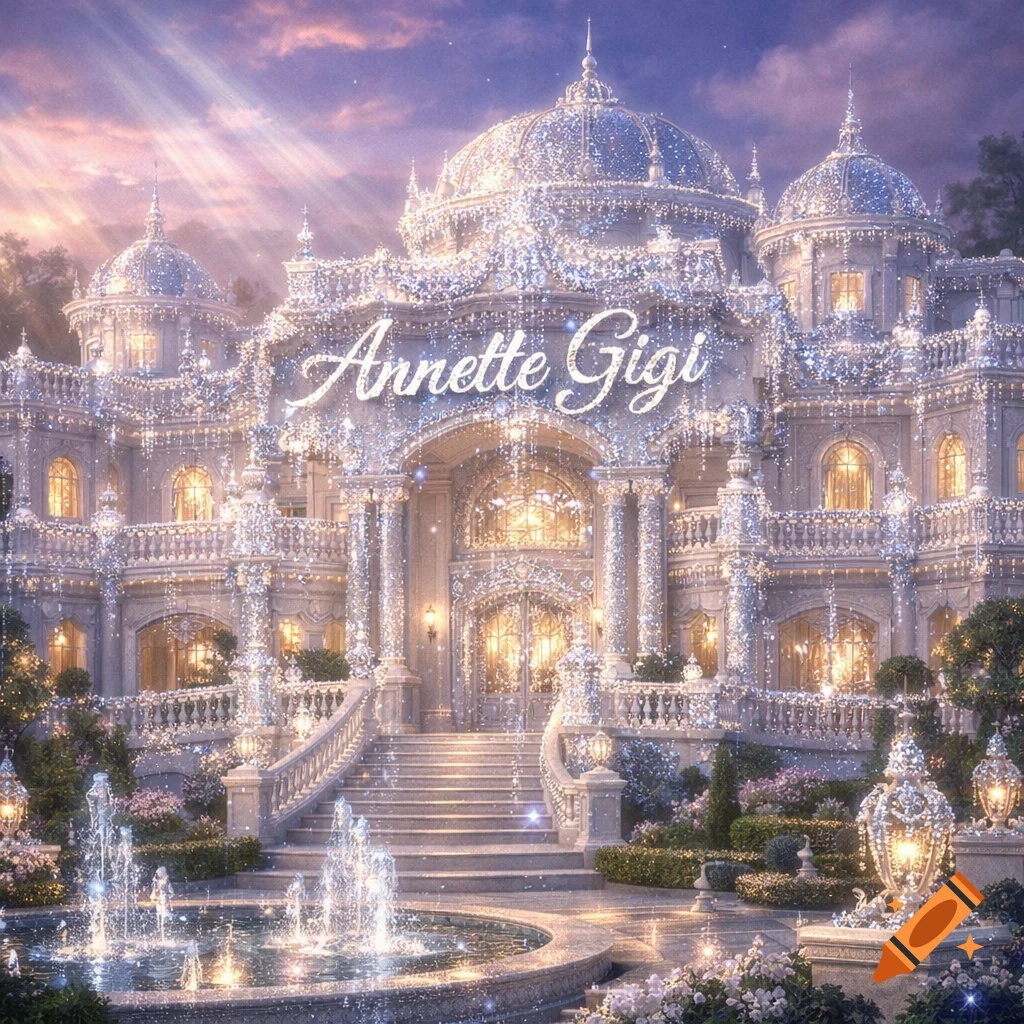 A majestic, crystal-adorned mansion with 'Annette Gigi' on its facade, set amidst sparkling fountains and gardens under a twilight sky.