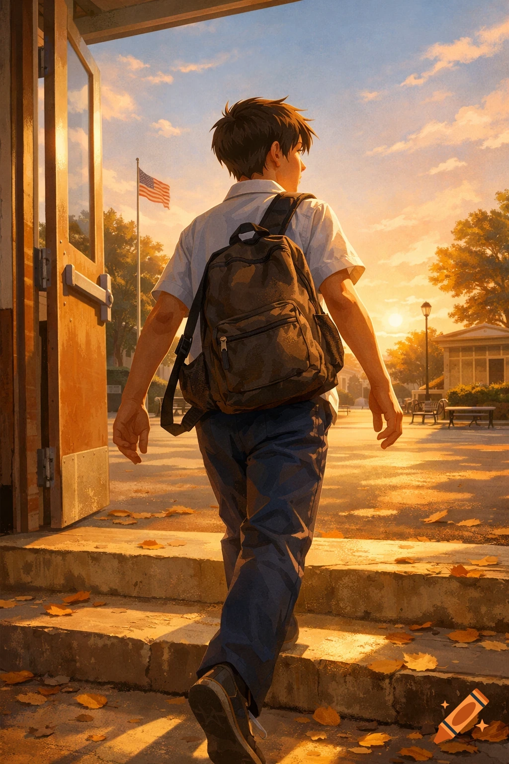 Anime-style illustration of a boy with a backpack leaving school at sunset, with an American flag in the distance.