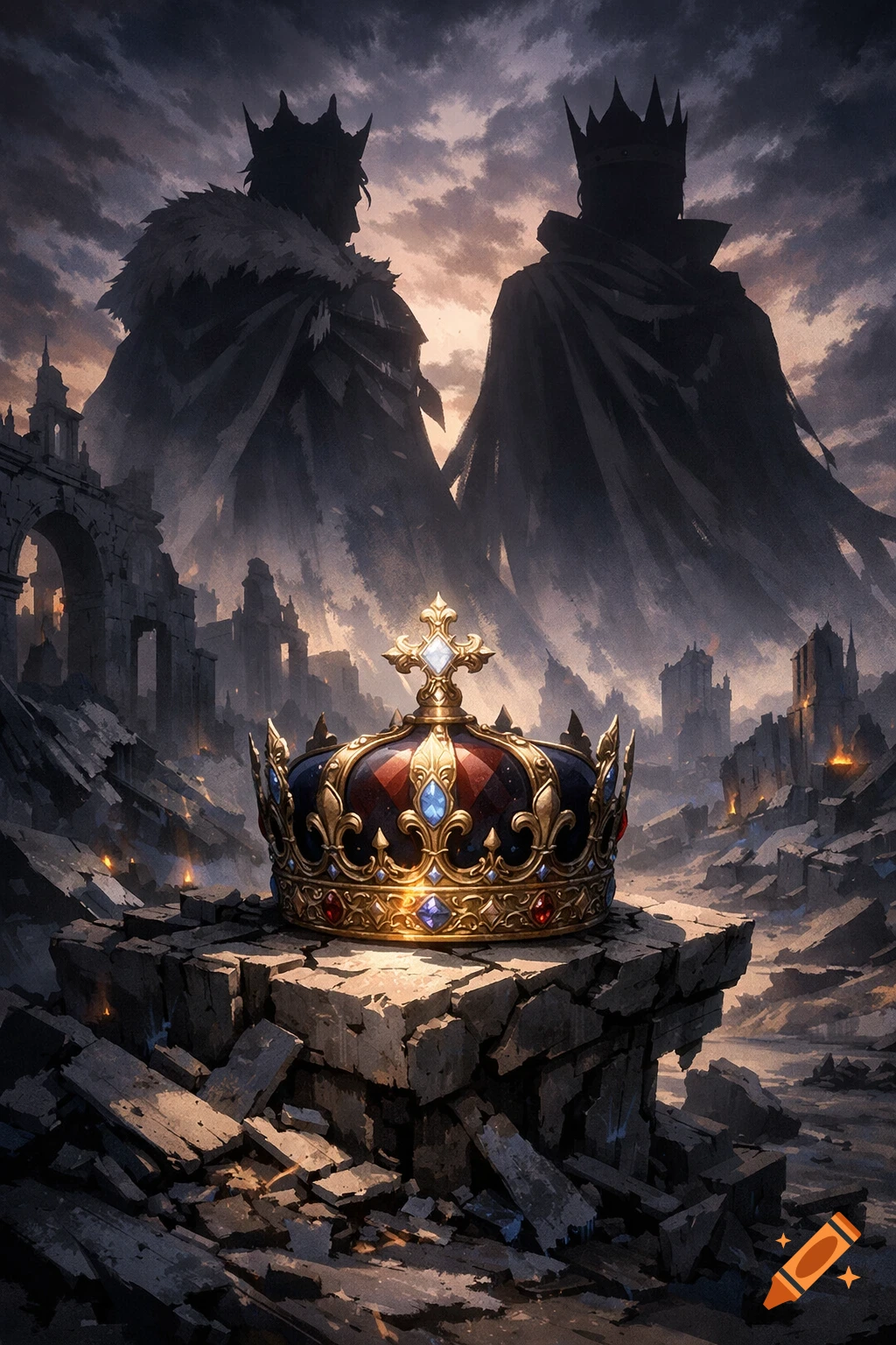 An ornate, jeweled crown sits on broken stone in a ruined kingdom, with two silhouetted, crowned figures looming in the anime-style background.