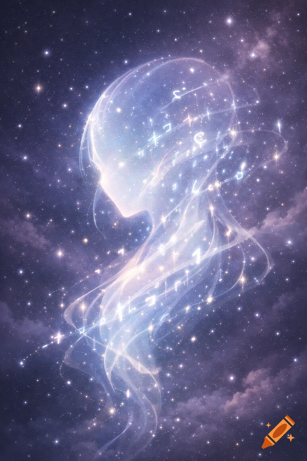 An abstract, luminous, ethereal form resembling a head and torso, composed of light and faint symbols, against a starry night sky with purple clouds, in an anime style.
