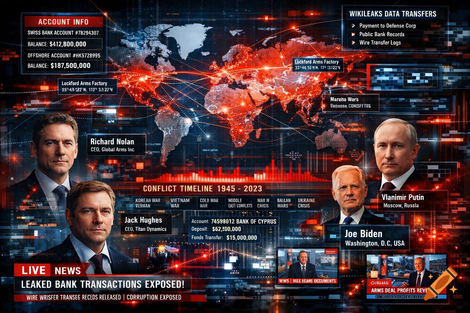 An elaborate infographic with a world map showing interconnected lines, financial data, and portraits of Joe Biden, Vladimir Putin, Richard Nolan, and Jack Hughes, surrounded by text relating to global conflicts, banking, and arms deals.