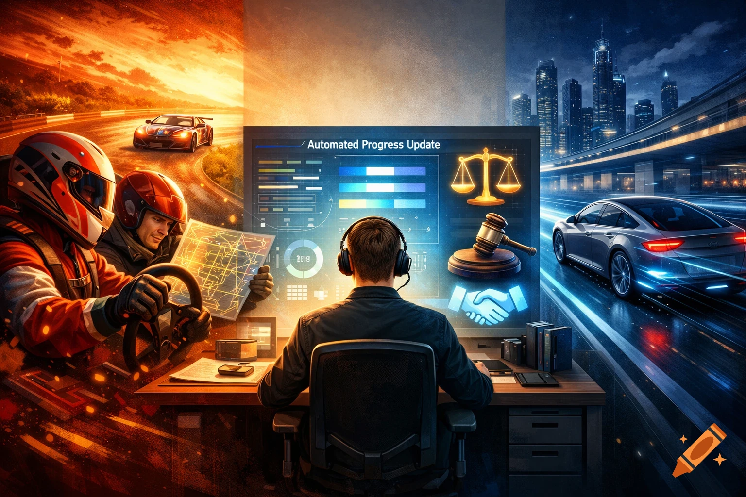 Split image showing a racecar driver and co-pilot with a map on the left, a man at a desk with a holographic 'Automated Progress Update' screen, scales, and a gavel in the center, and a futuristic driverless car on a city road on the right.