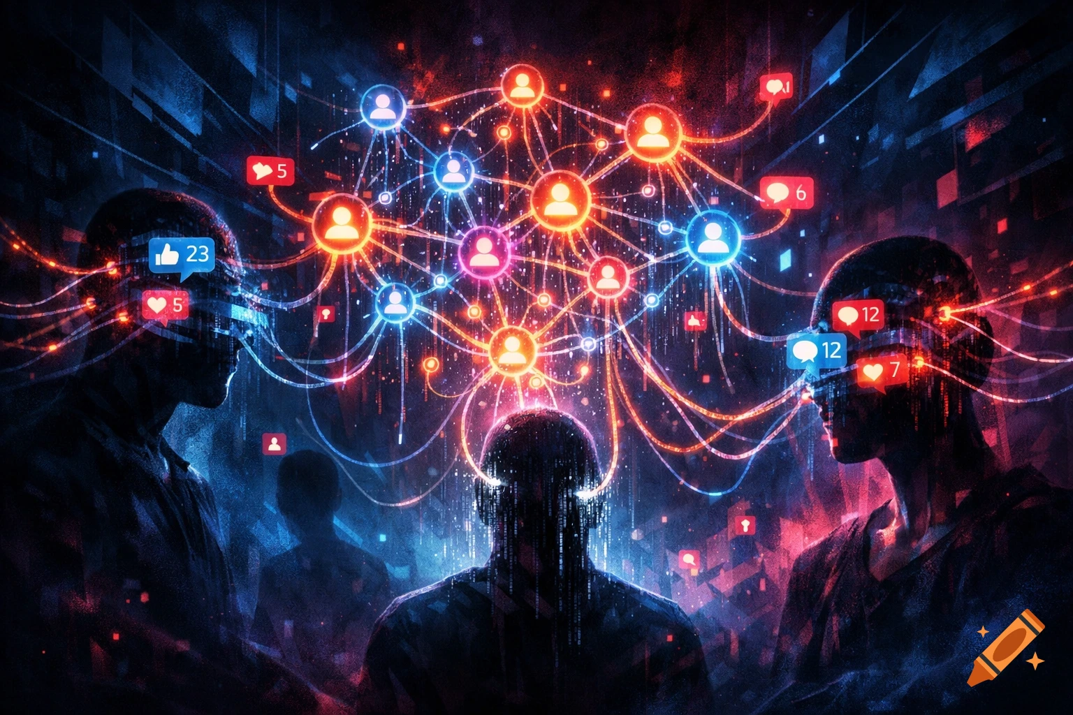 Abstract illustration of silhouetted heads connected by glowing social media icons representing user engagement.