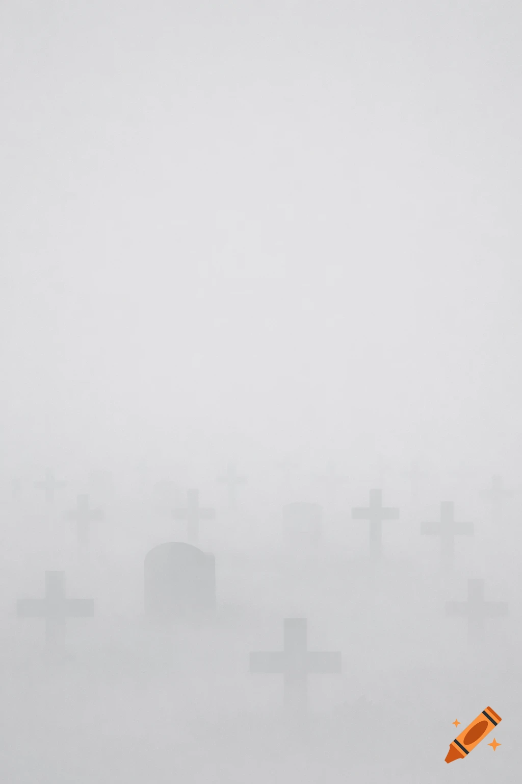 Minimalist, foggy cemetery with subtle silhouettes of tombstones and crosses in monochrome gray tones.
