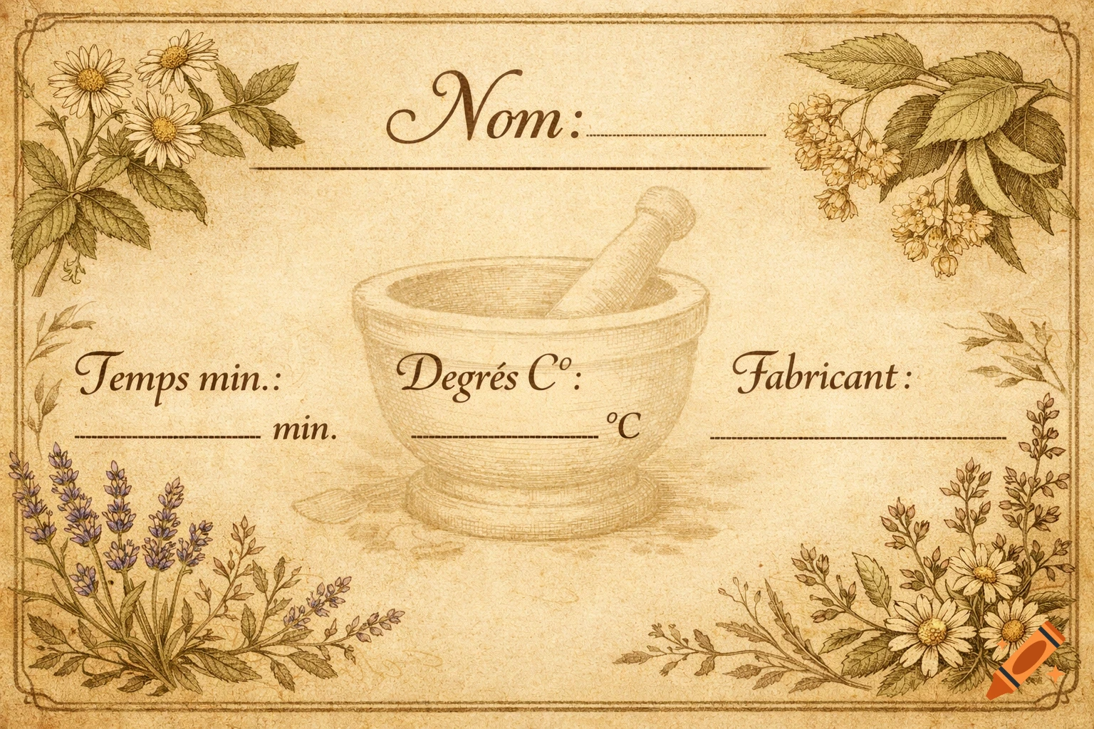 Vintage herbal tea label with a mortar and pestle, fill-in lines, and botanical illustrations.