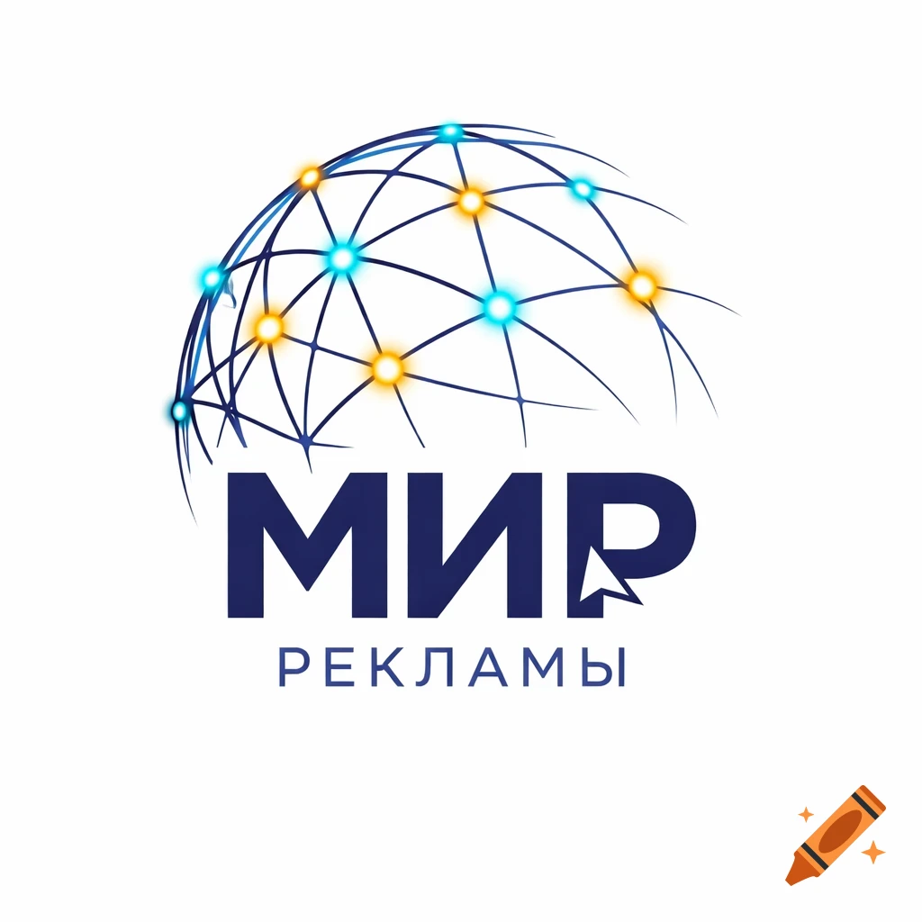 A blue globe logo with glowing nodes and the words 'МИР РЕКЛАМЫ' (MIR REKLAMY) in blue text, with a cursor icon on the letter P.
