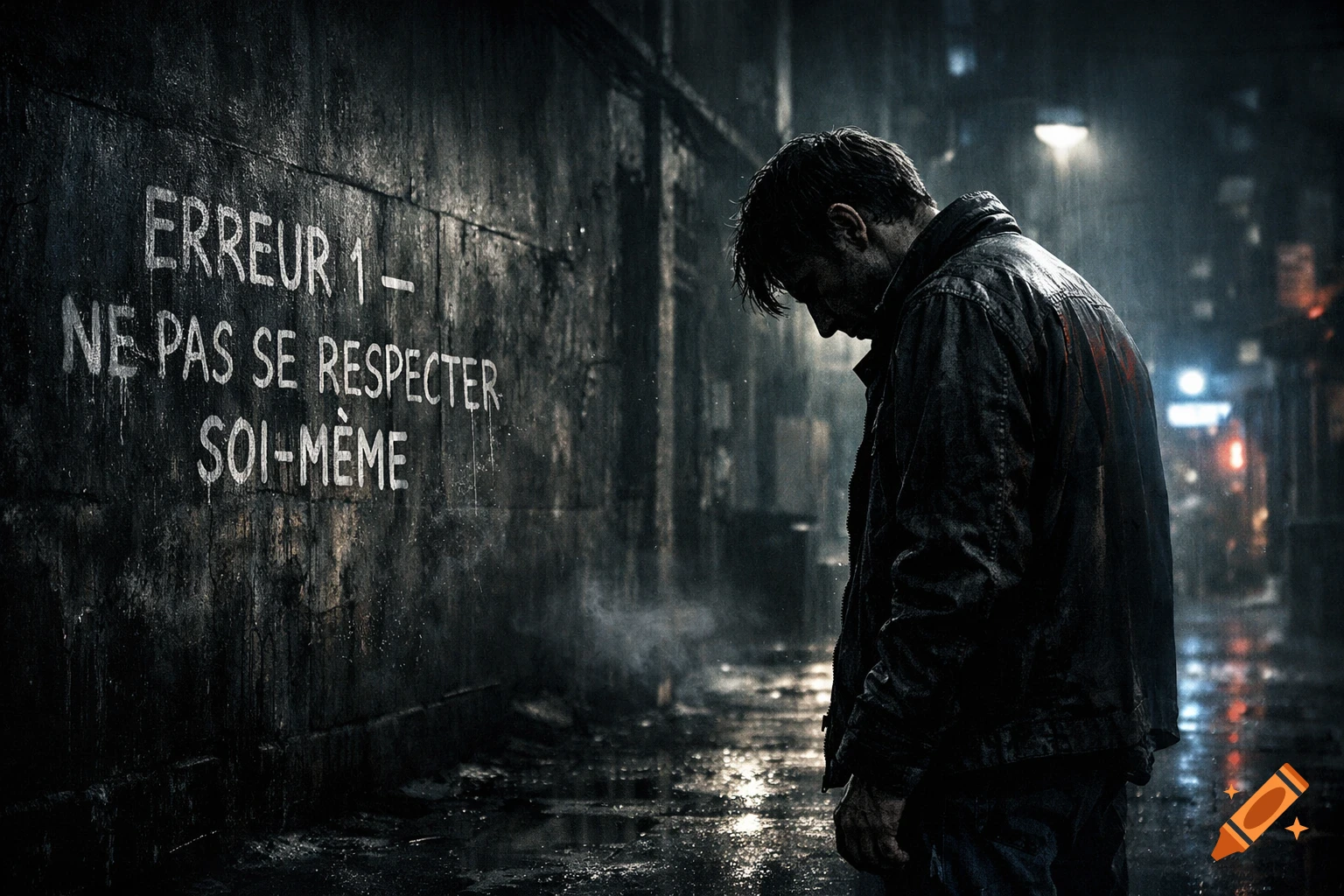 A man stands in a dark, rainy alley looking down, next to a wall with French graffiti reading 'ERROR 1 - DO NOT RESPECT YOURSELF'.
