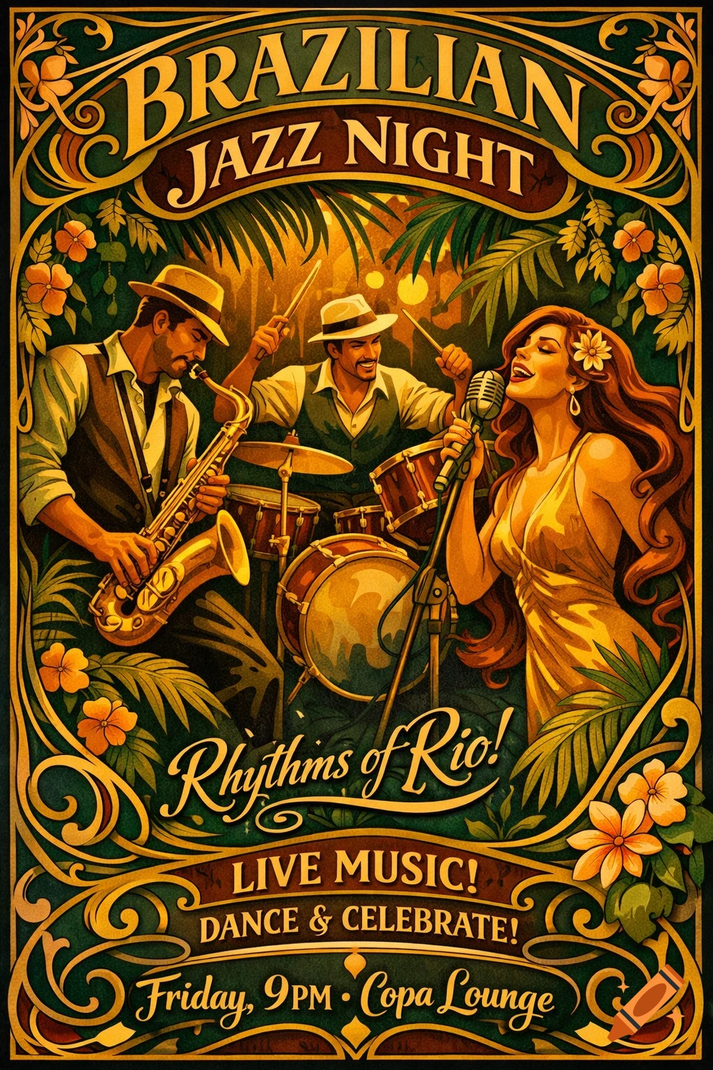 Art Nouveau poster for Brazilian Jazz Night, featuring a saxophonist, drummer, and female vocalist amidst tropical foliage.