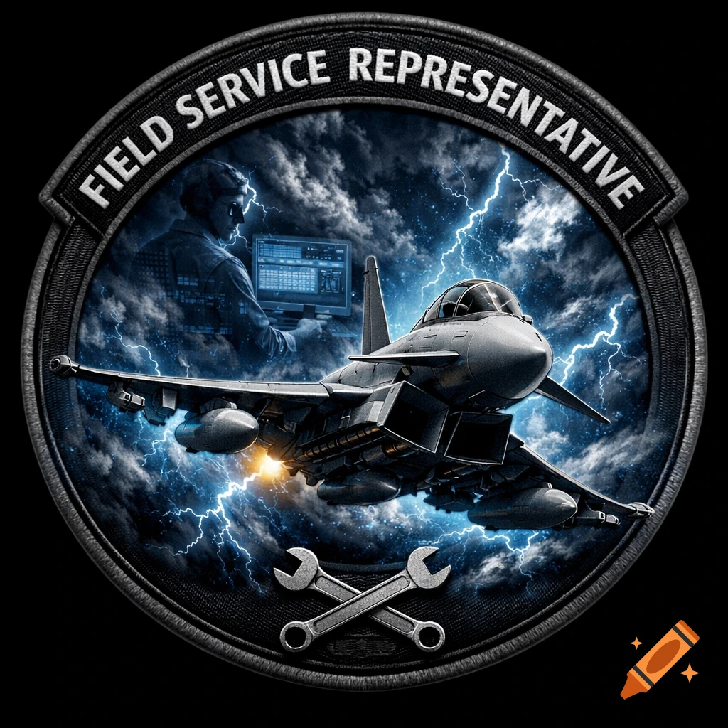 A circular military emblem featuring a Eurofighter jet, lightning, a technician, and wrenches, with 'FIELD SERVICE REPRESENTATIVE' text.