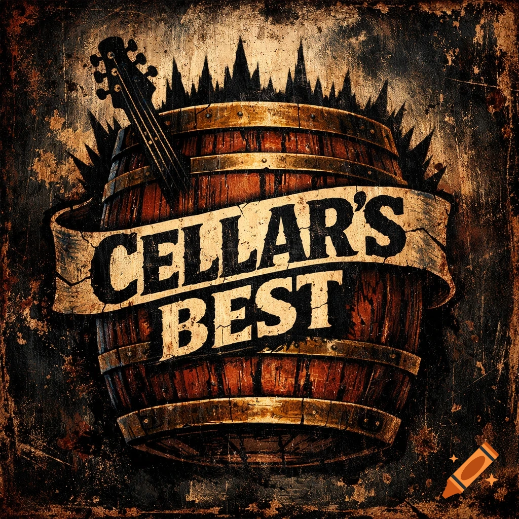 A distressed, vintage-style band logo featuring a wooden barrel with a banner reading "CELLAR'S BEST" across it, and a guitar neck leaning against the barrel. The background is dark and grungy.