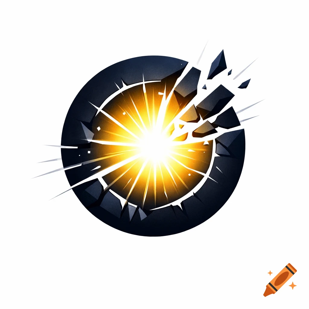 A dynamic logo of a dark circular object shattering into pieces, with a bright golden light exploding from its center.