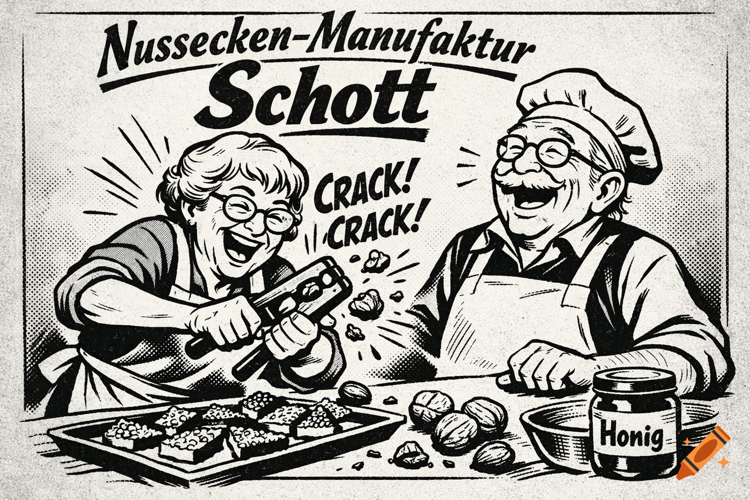 Black and white retro comic art of an elderly couple laughing and baking, with the text 'Nussecken-Manufaktur Schott'.