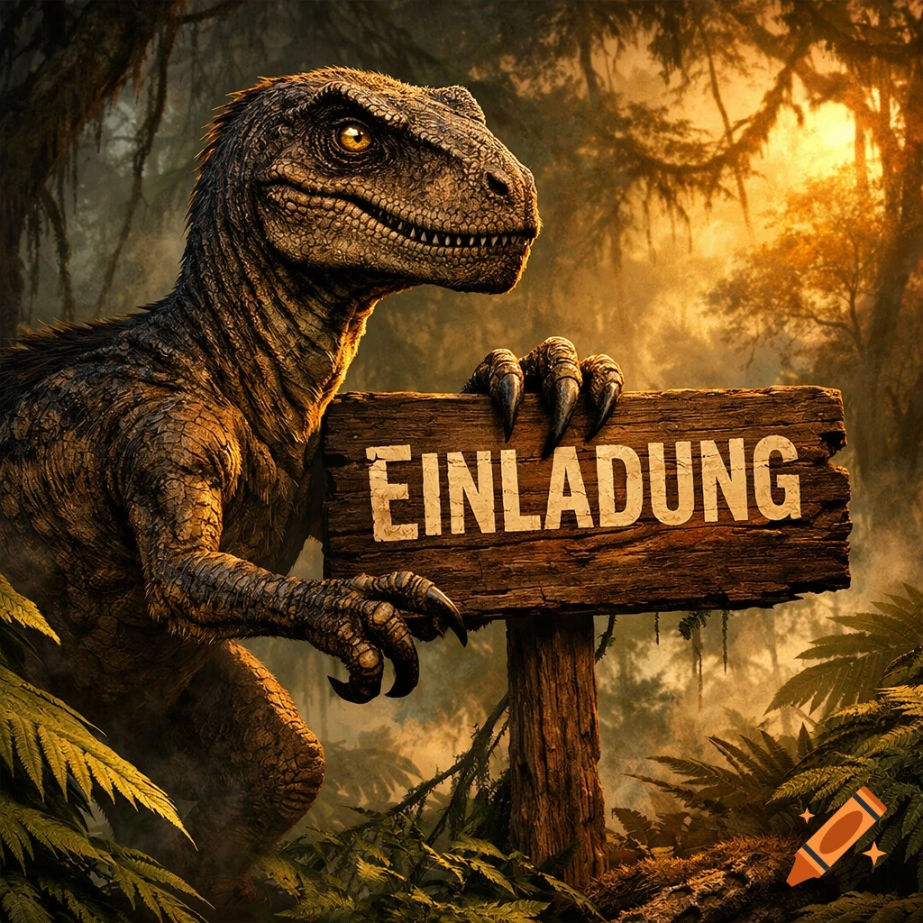 A detailed drawing of a velociraptor holding a wooden sign that reads "EINLADUNG" in a lush, sun-drenched jungle.