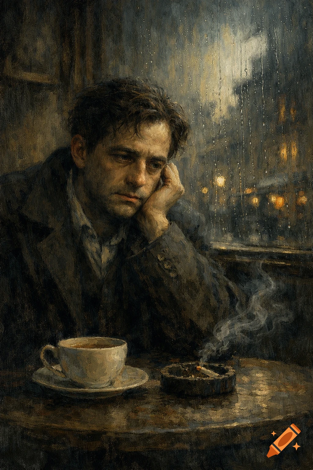 Painterly portrait of a pensive man in a cafe, looking out a rainy window with a coffee and cigarette on the table.