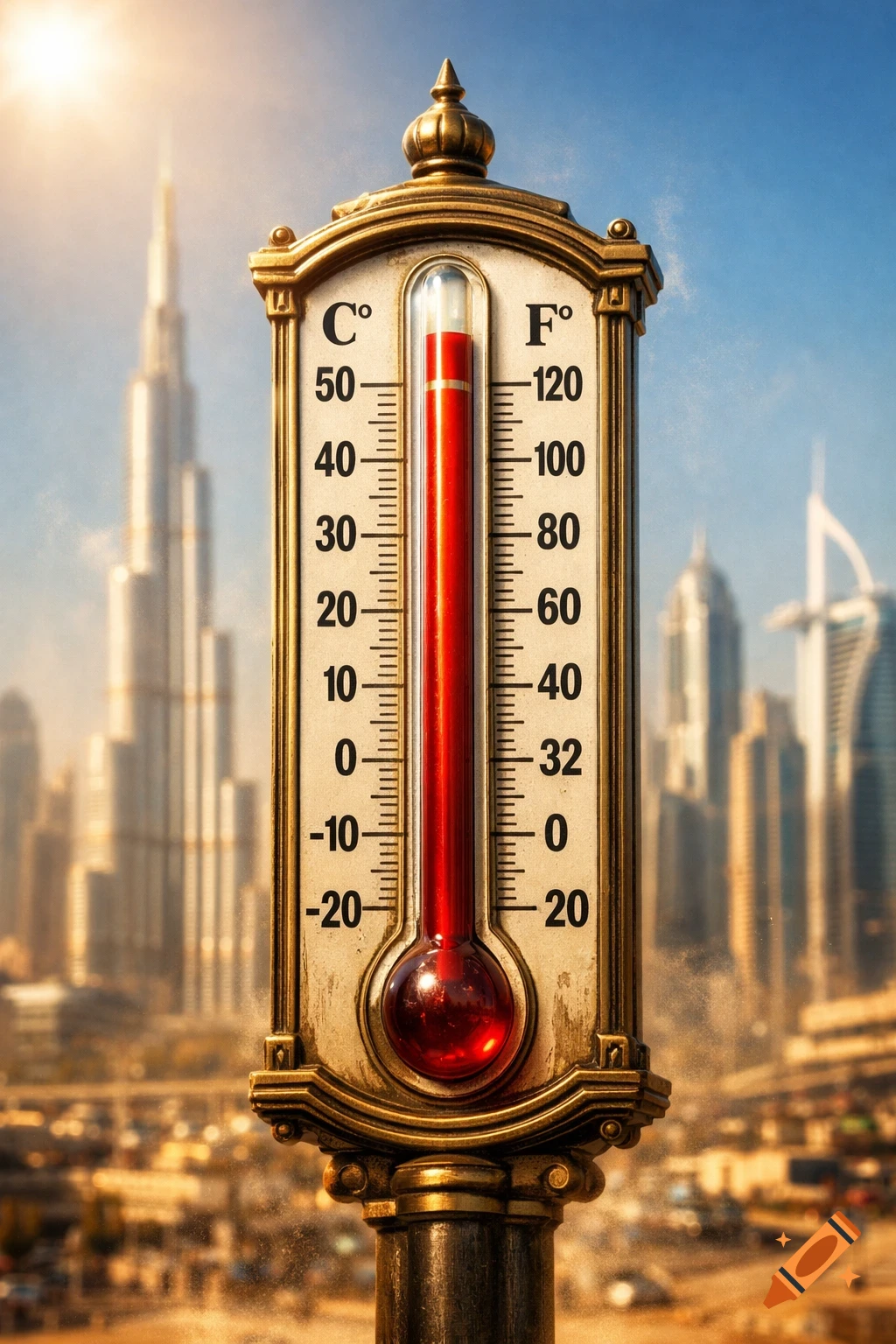 A vintage-style thermometer showing high temperature against a sunny Dubai cityscape with the Burj Khalifa in the background.