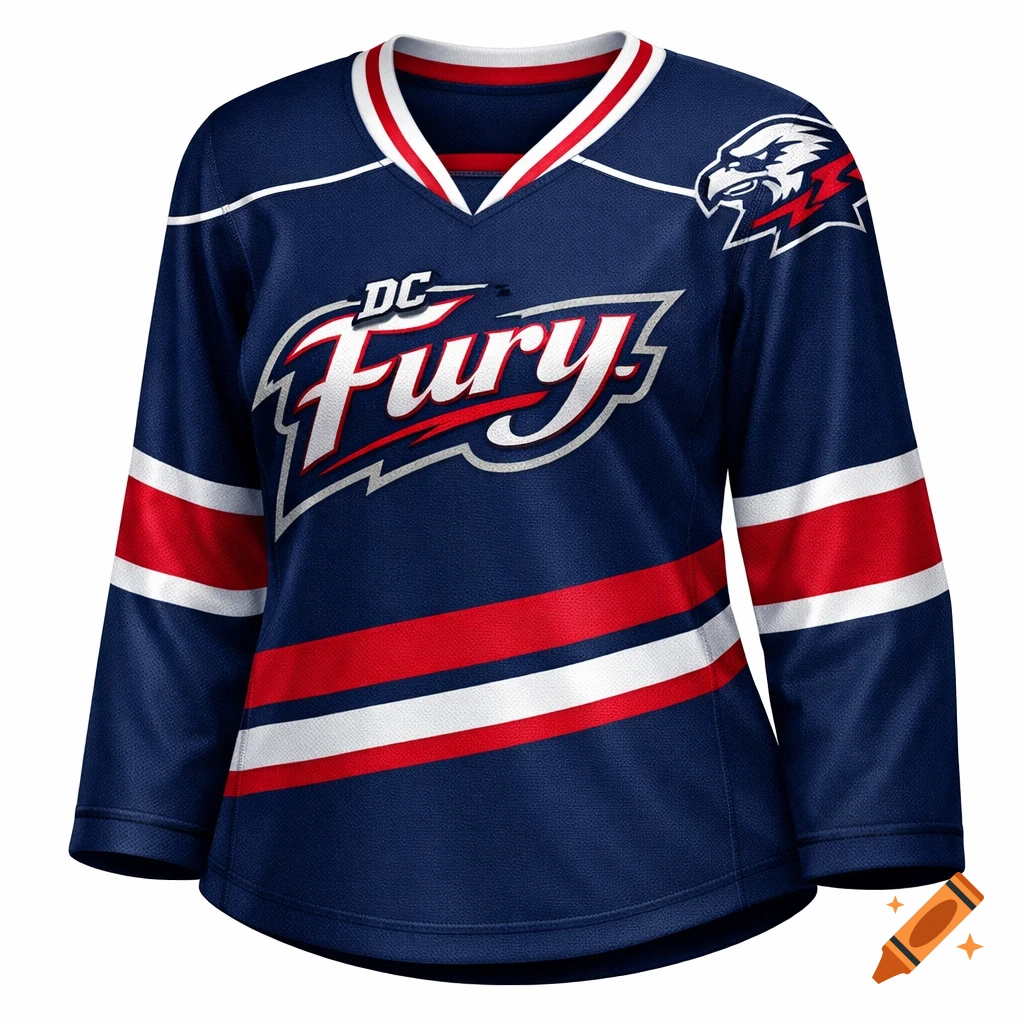 A dark blue women's hockey jersey with "DC Fury" in red and white on the front, and an eagle logo on the shoulder, with red and white stripe accents.