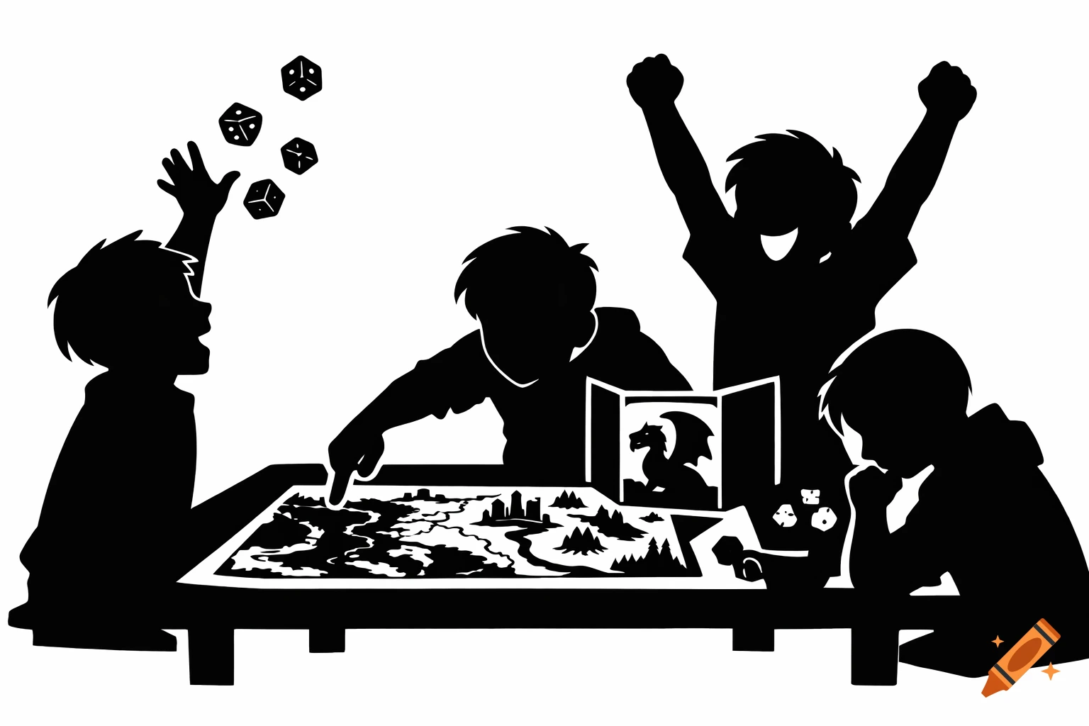 Black silhouette illustration of four children playing a fantasy board game, with dice, a map, and a dragon symbol.