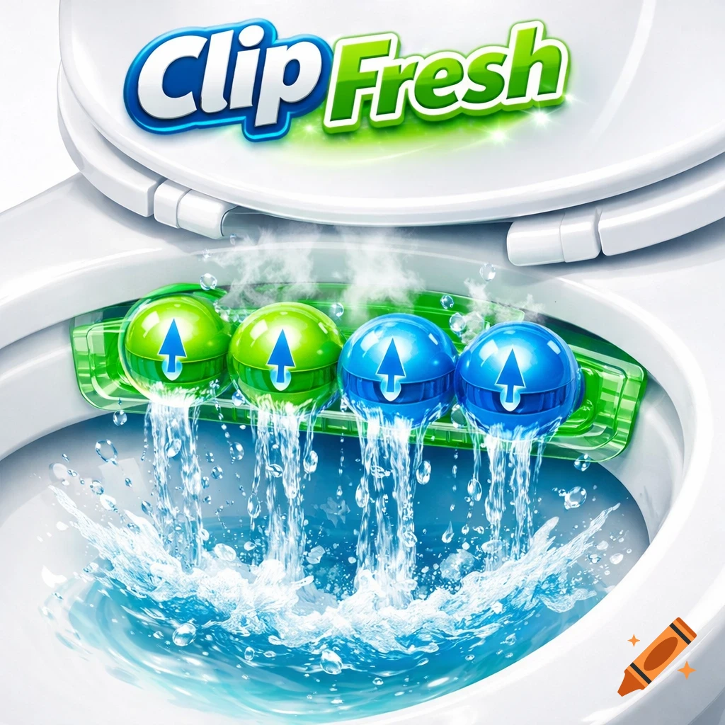 A 'Clip Fresh' toilet block with four colorful spheres spraying water into a white toilet bowl, creating splashes and mist.