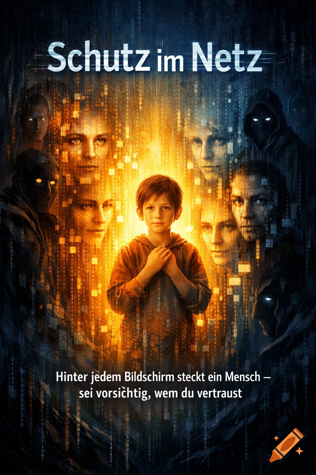 A child stands in a warm glow surrounded by faces emerging from digital code and shadowy hooded figures.