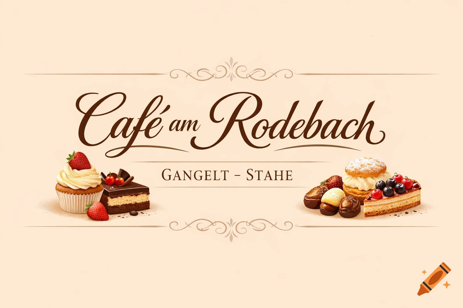 Cafe sign with 'Café am Rodebach' text, featuring a cupcake, chocolate cake, fruit tart, and other pastries on a beige background.